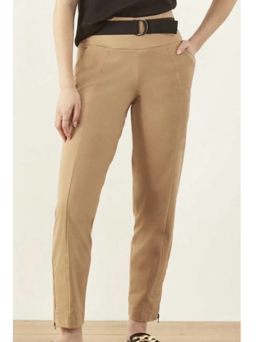 ADAY warm up latte tan high rise tapered trousers, ankle zips and black belt